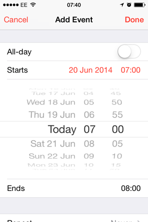 iOS 7 Calendar event add screen, with inline UIDatePicker